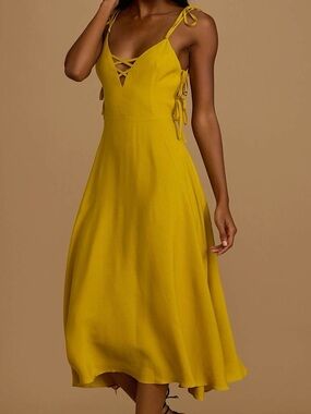 Lulus Flatter Yourself Midi Dress XS Chartreuse Yellow Tie Strap NWOT